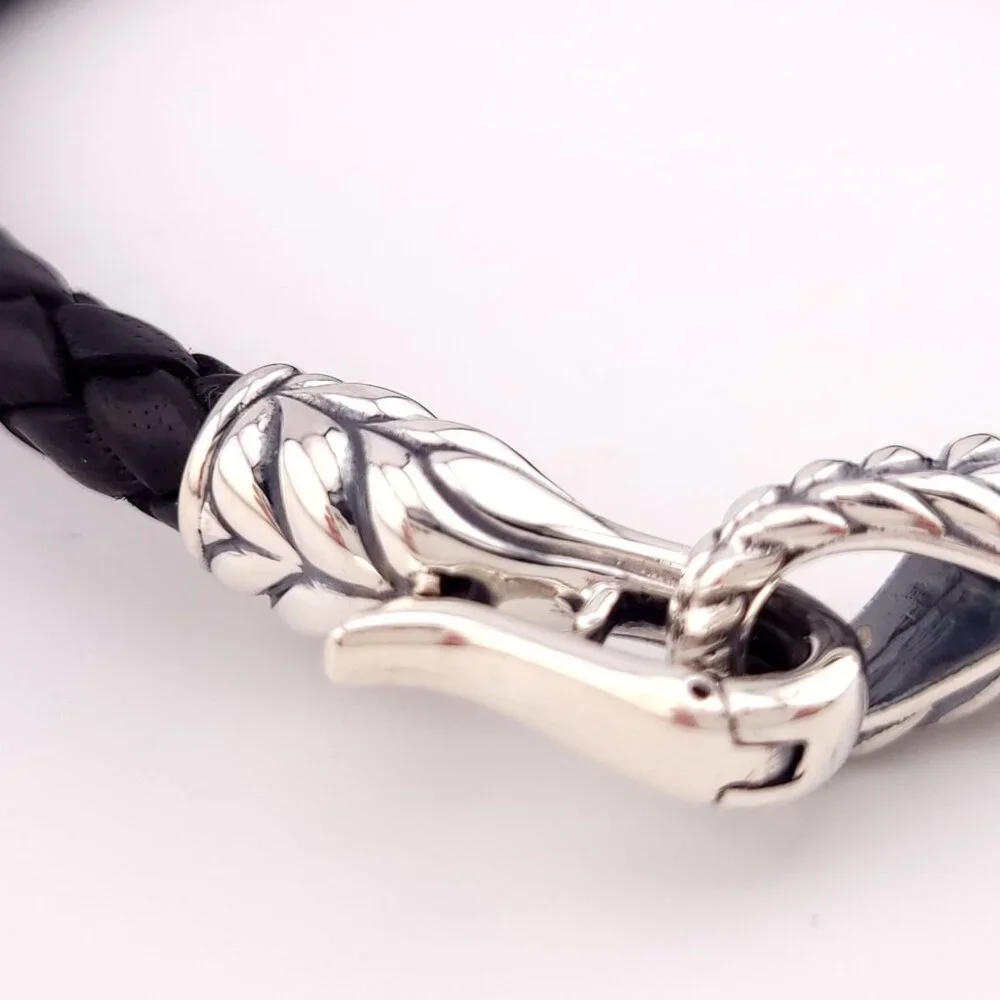 DAVID YURMAN Sterling Silver 925 Black Leather Chevron Woven Bracelet 8